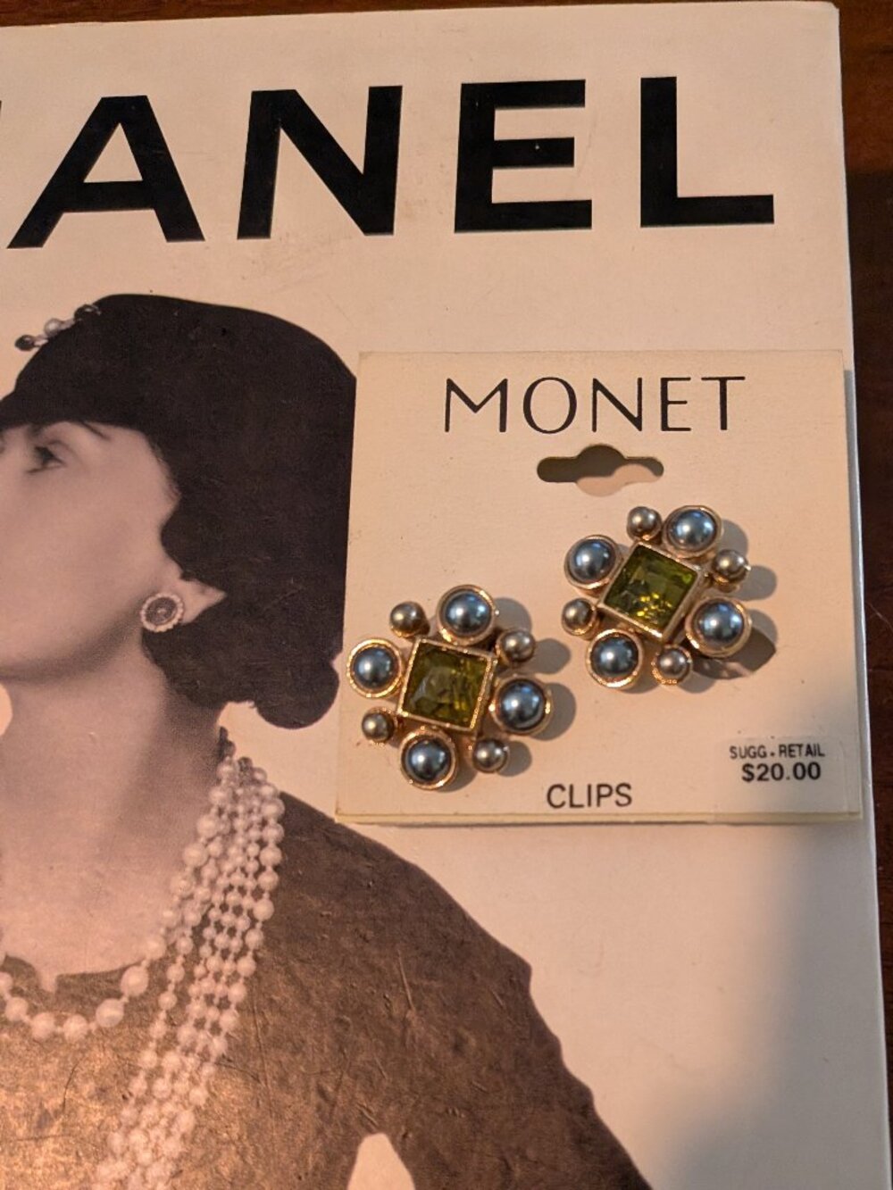 Vintage Monet Clip On Earrings NWT Olive Green Square Crystal Blue Faux Pearl
